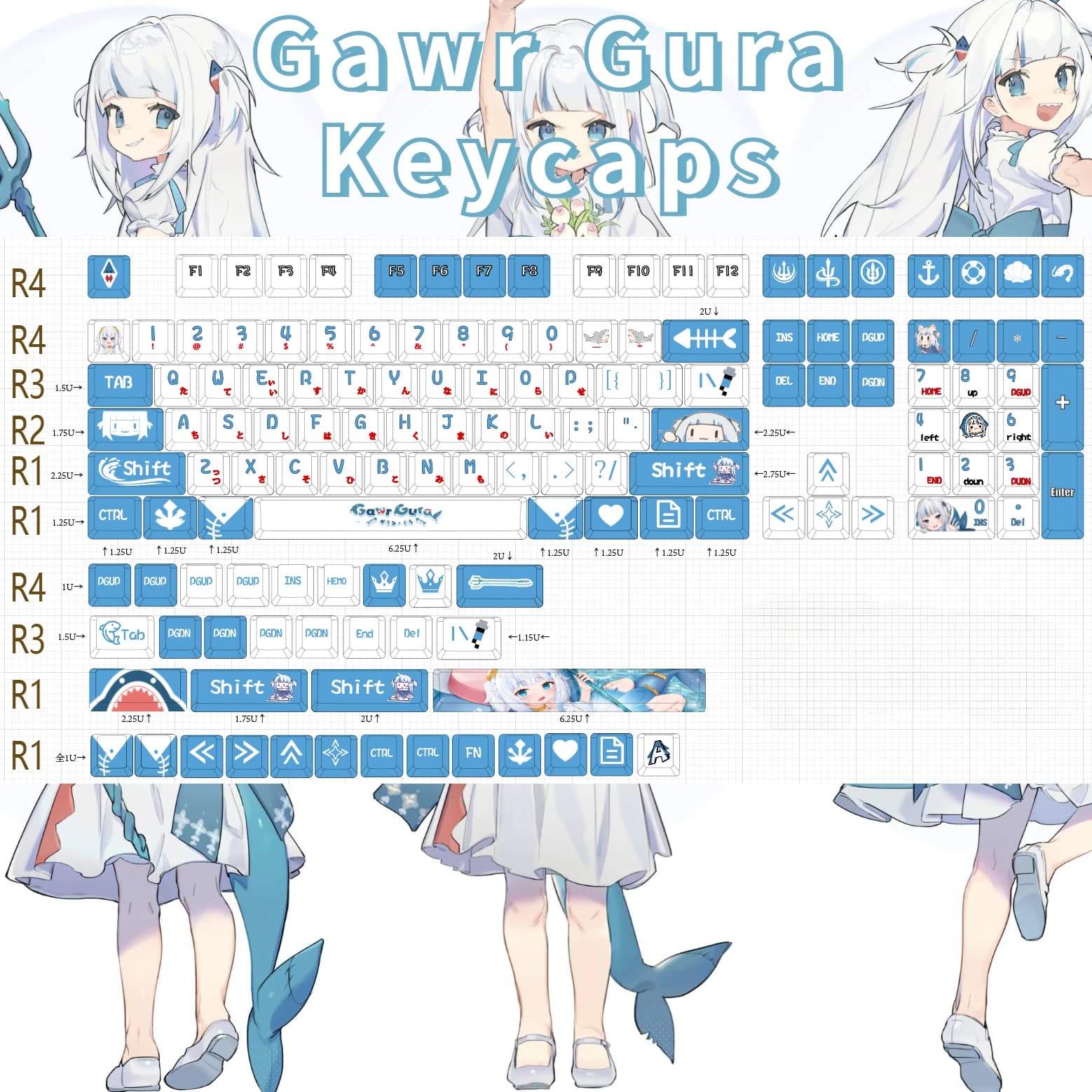 132 tasti/Set Hololive Gawr Gura Anime Cute PBT Keycaps per Cherry MX Switch Keycap per tastiera meccanica gioco regalo personalizzato fai da te