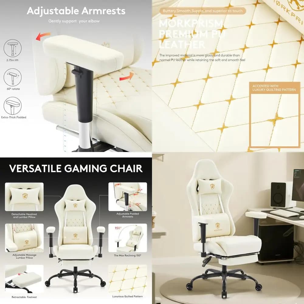 Sedia da Gaming Ergonomica Reclinabile in Pelle con Poggiapiedi, Supporto Lombare Massaggiante, Imbottitura in Gel, Braccioli Regolabili, Avorio