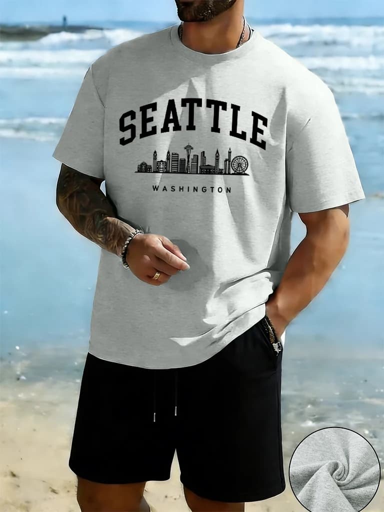 Set da uomo Seattle Washington con design creativo, T-shirt casual estiva a maniche corte in cotone morbido con scollo a O e pantaloncini, stile streetwear