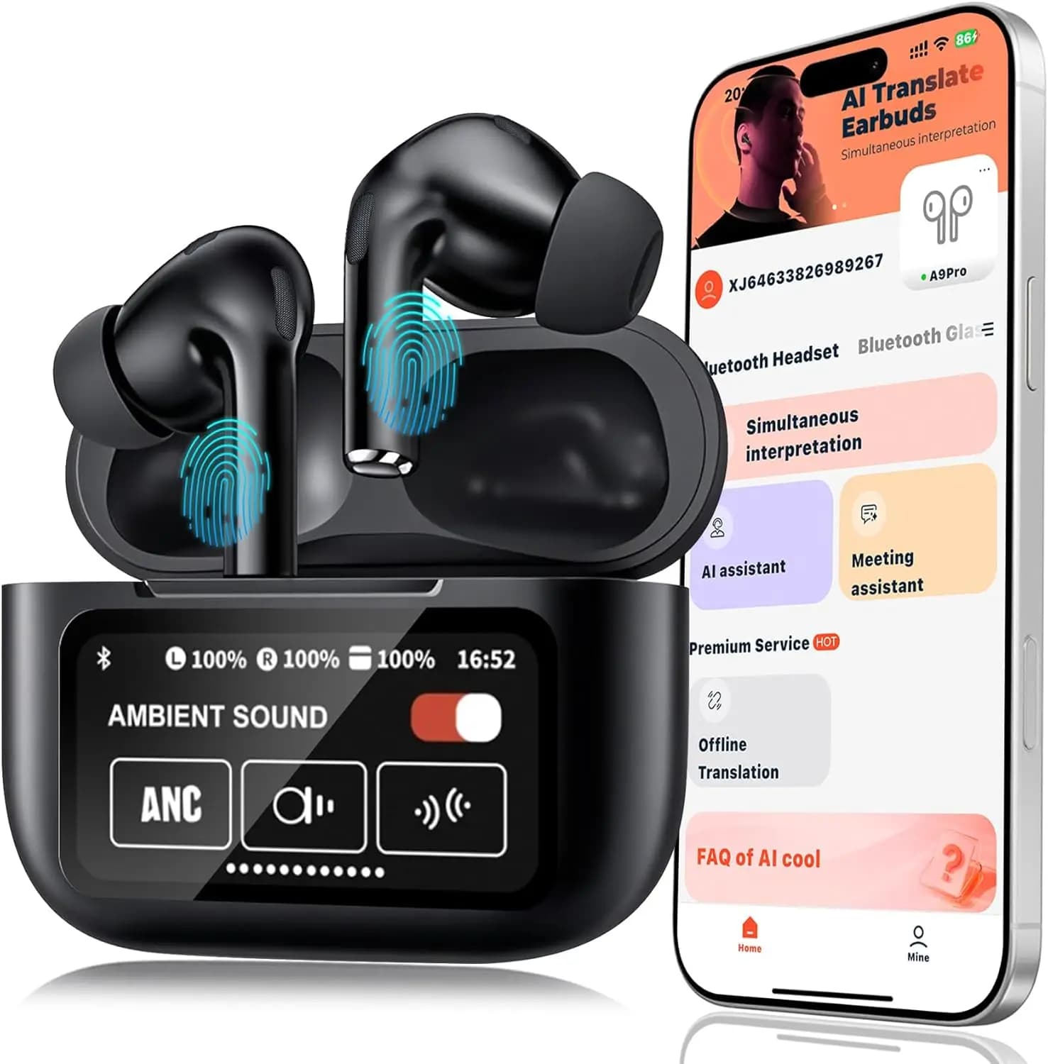 UYUXIO TWS AI Language Translator Auriculars with Screen Auricular for real-time translation with 144 Auricular languages with noise cancellation