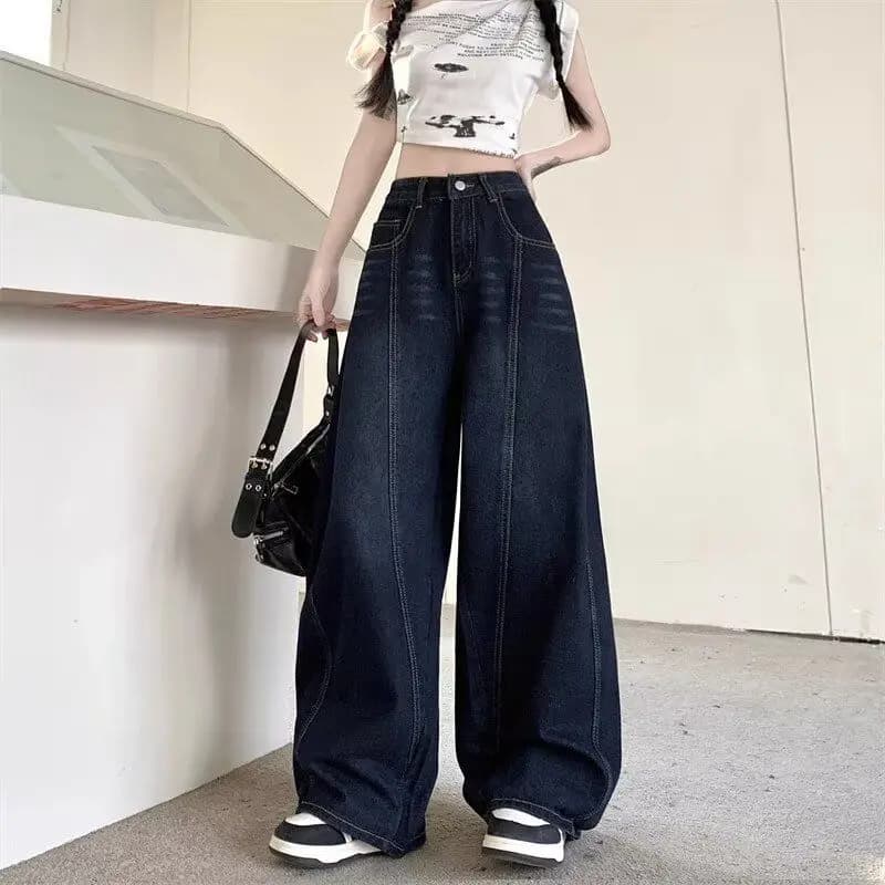 Jeans a Vita Alta Blu Scuro a Gamba Larga da Donna, Pantaloni Larghi e Morbidi a Taglio Dritto per Autunno e Inverno, Casual in Misto Cotone e Poliestere