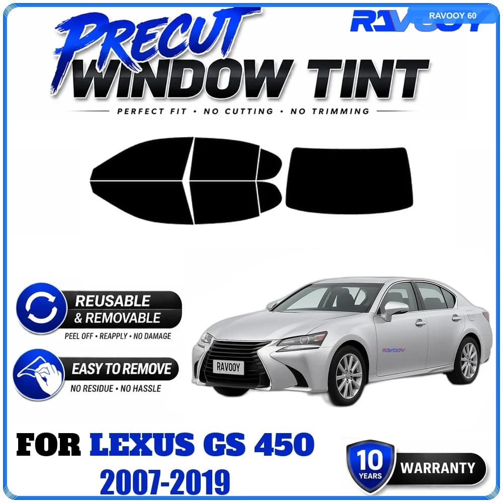 RAVOOY Precut Window Tint, Reusable Removable EPU Film, Custom Fit for Lexus GS 450 2007-2019, UV Heat Protection