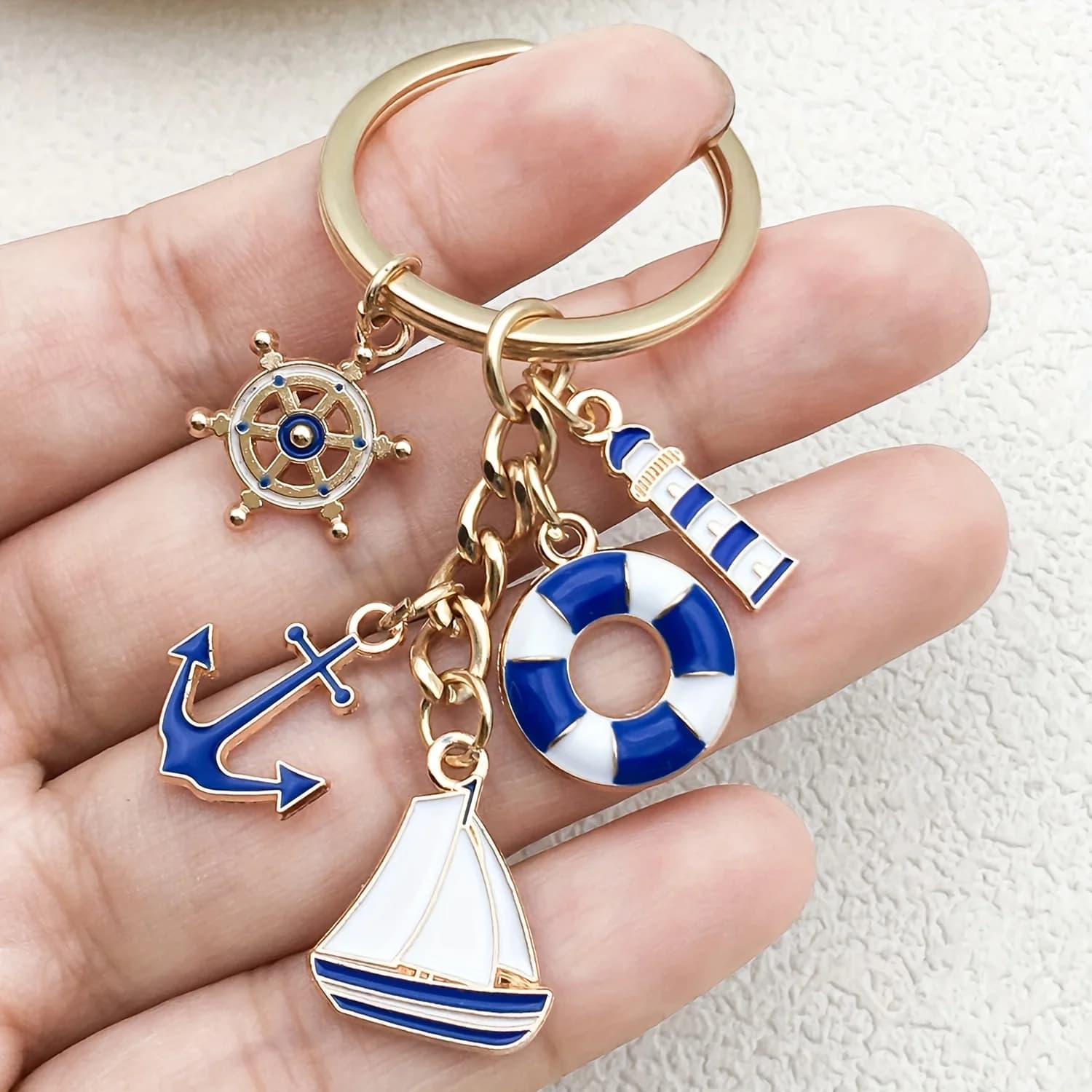 1pc Blue Sailing Enthusiast Keychain, Alloy Boat Anchor, Life Buoy, Sailboat, Water Tower, Rudder Charms Key Ring, for Car Keys, Backpacks, Wallets