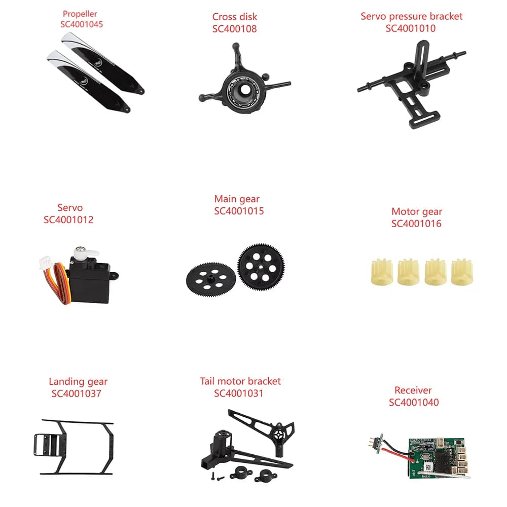 Parti per Elicottero RC OMPHOBBY HELI 101: Elica, Disco Incrociato, Ingranaggio Servo, Carrello di Atterraggio, Supporto Motore Coda, Ricevitore