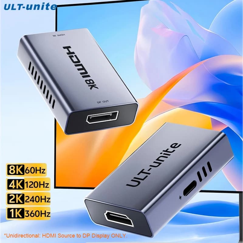 Convertitore HDMI a DP Attivo 8K 60Hz, 4K 144Hz 1080P 360Hz, Alimentato tramite USB-C, G-Sync VRR, per PS5 Xbox PC Monitor, Adattatore HDMI a DP