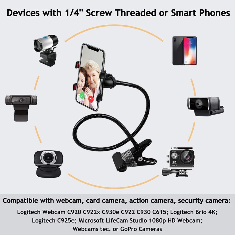 Supporto Flessibile da Tavolo/Scrivania con Morsetto a Collo d'Oca per Webcam, Fotocamera e Smartphone (Compatibile con GoPro/Logitech C925e)