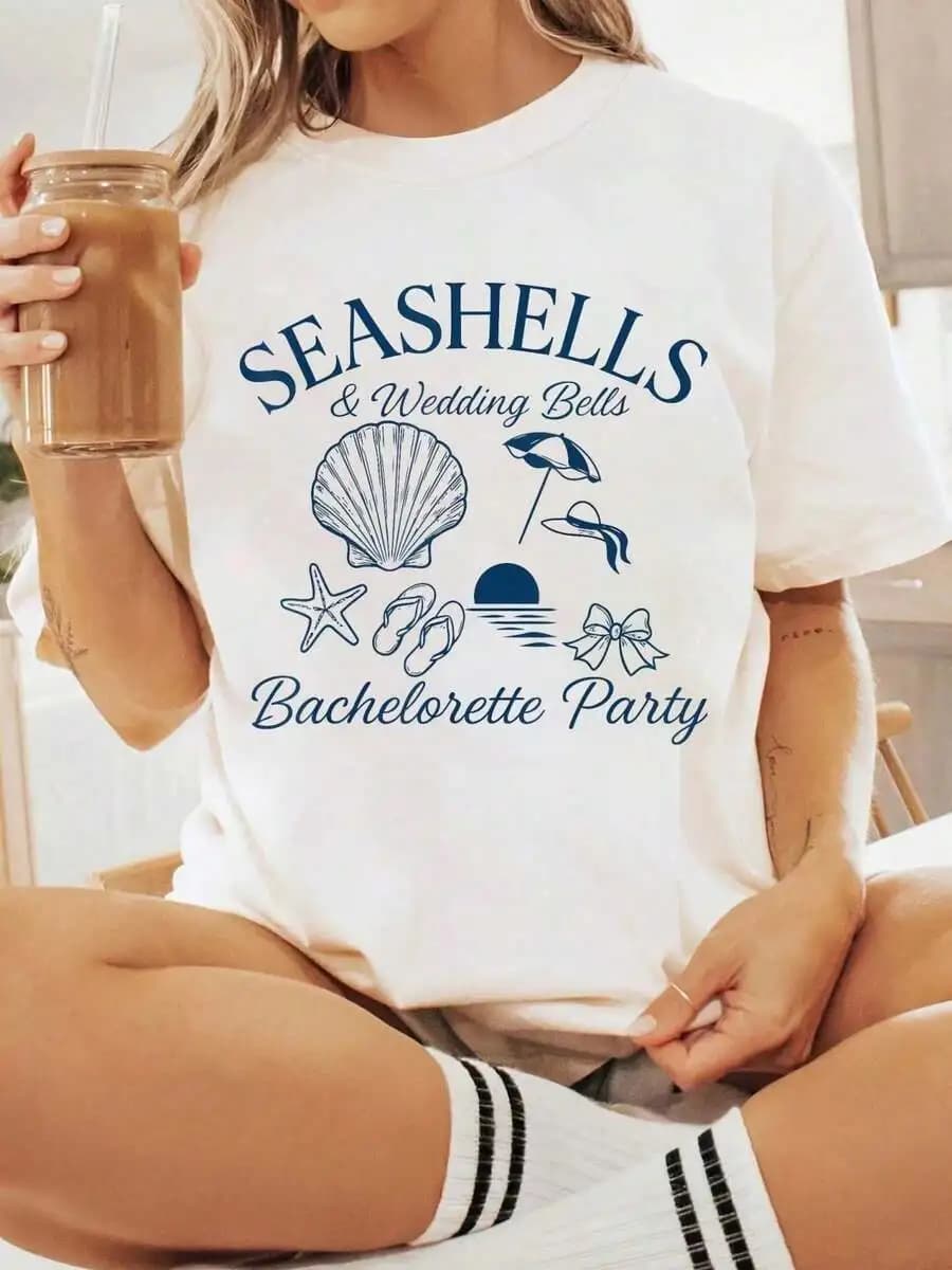 Seashells And Wedding Bells Bachelorette Beach T-Shirt Round Neck Short Sleeve Cotton Tee Casual Summer All Season