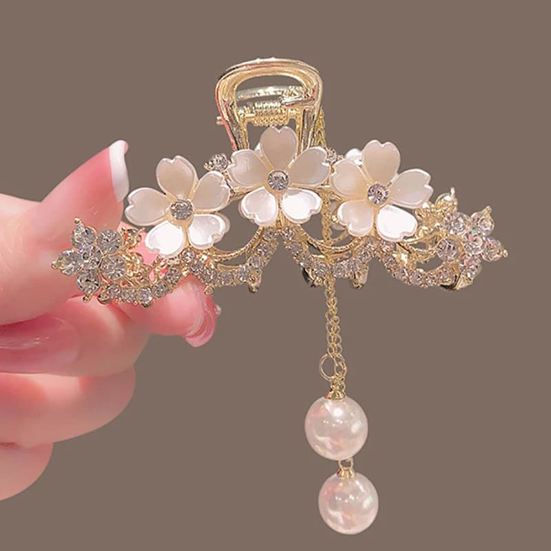 1pc elegante perla incrostata fiore di gelsomino nappa artiglio clip fermaglio per capelli in metallo fermaglio per capelli femminile sul retro della testa