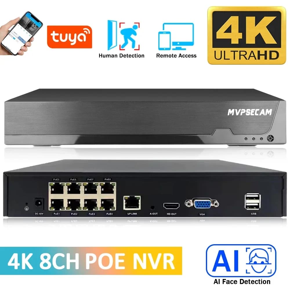 Vita intelligente 4K 8CH PoE NVR 8MP Sistema di sicurezza CCTV Rilevazione movimento H.265 Sorveglianza di rete Registratore audio video NVR App Tuya