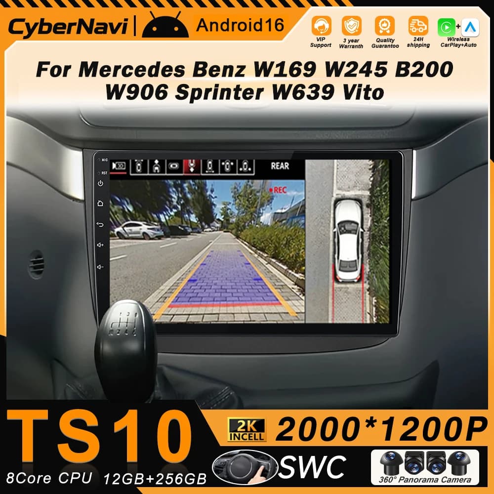 Autoradio CarPlay Android Auto per Mercedes Benz W169 W245 B200 W906 Sprinter W639 Vito con telecamera a 360°, 2 DIN, DVD, schermo QLED stereo