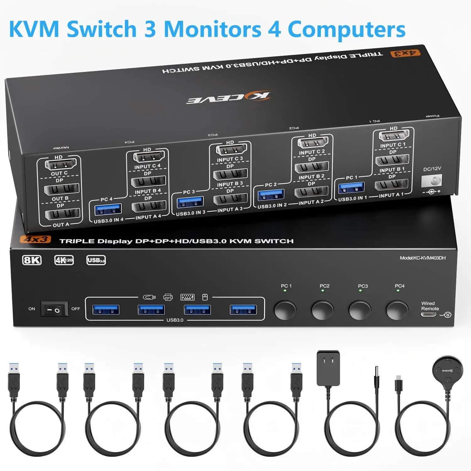 Switch KVM 3 monitor 2/3/4 computer, USB 3.0 HDMI+DisplayPort 8K@60Hz/4k@144Hz Triple monitor switch for 2 PC Share 4 USB 3.0