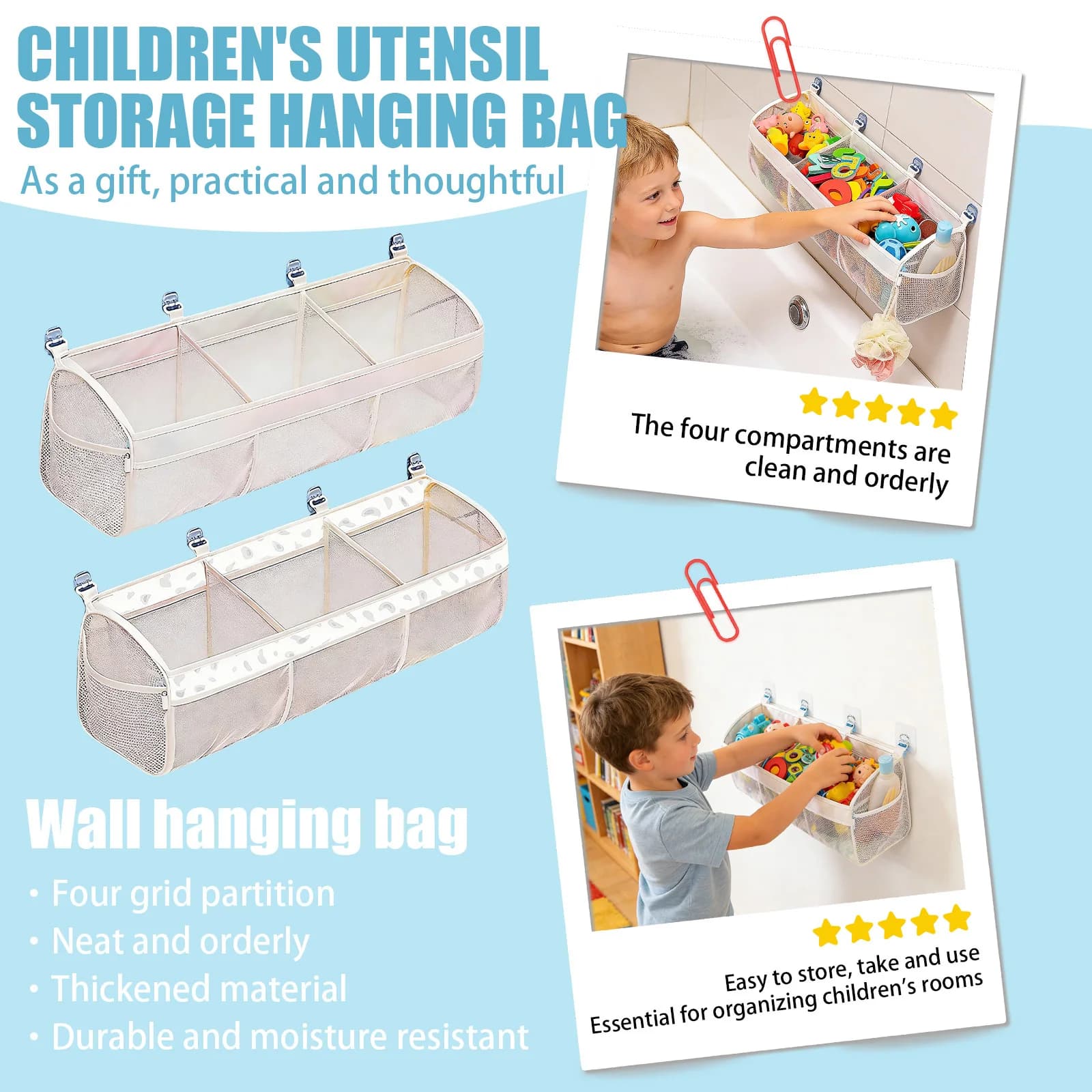 Bathroom Toy Storage Hanging Bag 4 Grid Wall Mounted Organizer Mesh Shower Caddy Kids Bath Toy Holder Waterproof Moisture Resist