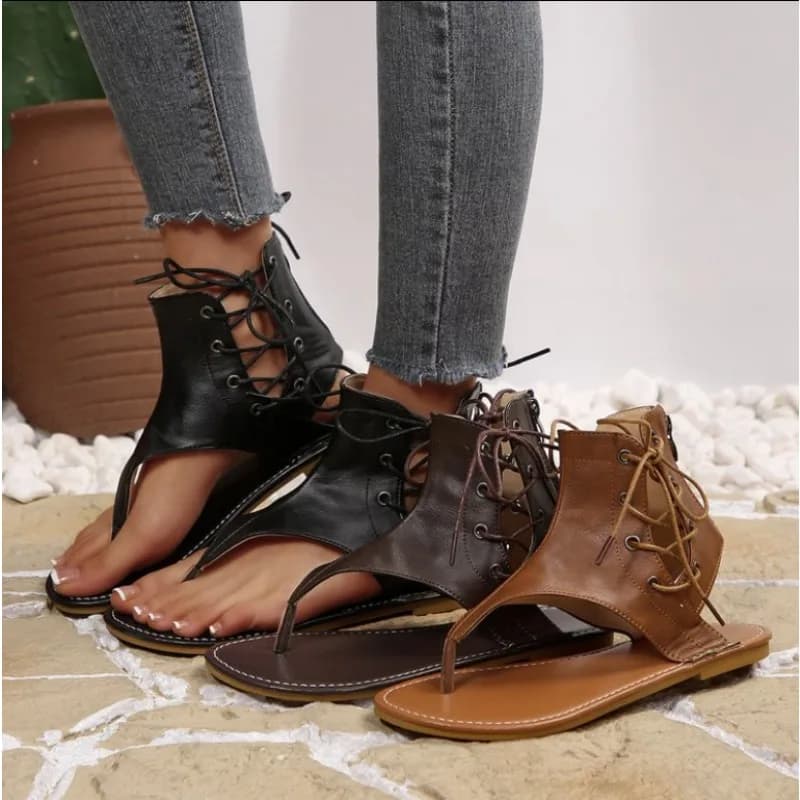 2026 Boho PU Sandali Donna Retro Open Toe Roma Moda Scarpe estive Fasciatura Infradito Pantofole da spiaggia