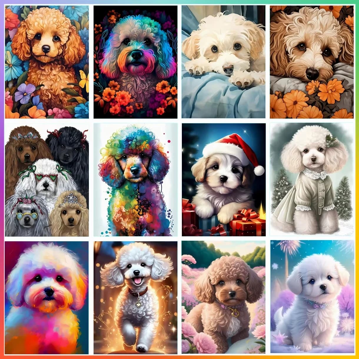 Set di Quadri con Diamanti 5D Fai da Te, Tema Cani Poodle Francesi, Stile Capolavoro, Ricamo a Punto Croce e Mosaico con Copertura Totale
