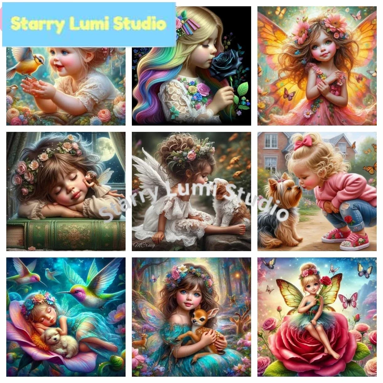 Kit Fai-da-Te per Pittura Diamante 5D, Nuova Immagine Mosaico Rotondo Completo con Fata e Bambina Carine, Animali Domestici, Punto Croce, Strass, Decorazione Casa, Regalo