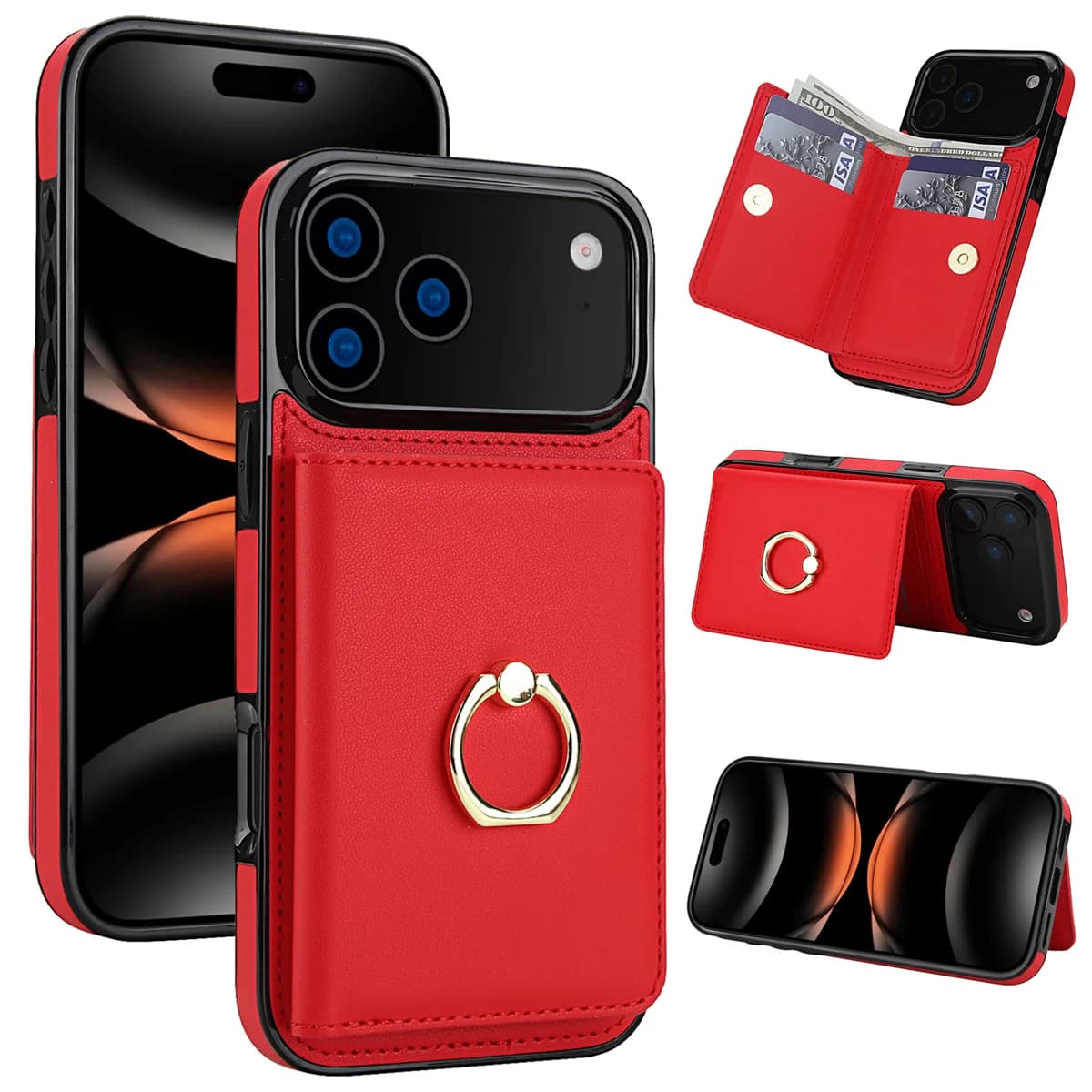 Leather phone case with ring card holder for Apple IPhone 17 Air 16 15 Pro Max 14 Plus 13 12 11 XR XS 7 8 Cover with RFID support