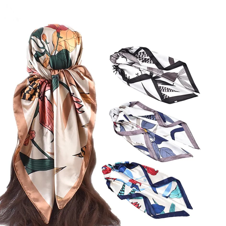 Square silk scarf with floral print 90*90 cm for woman, neck decoration, summer beach scarf, hijab, women's scarf.