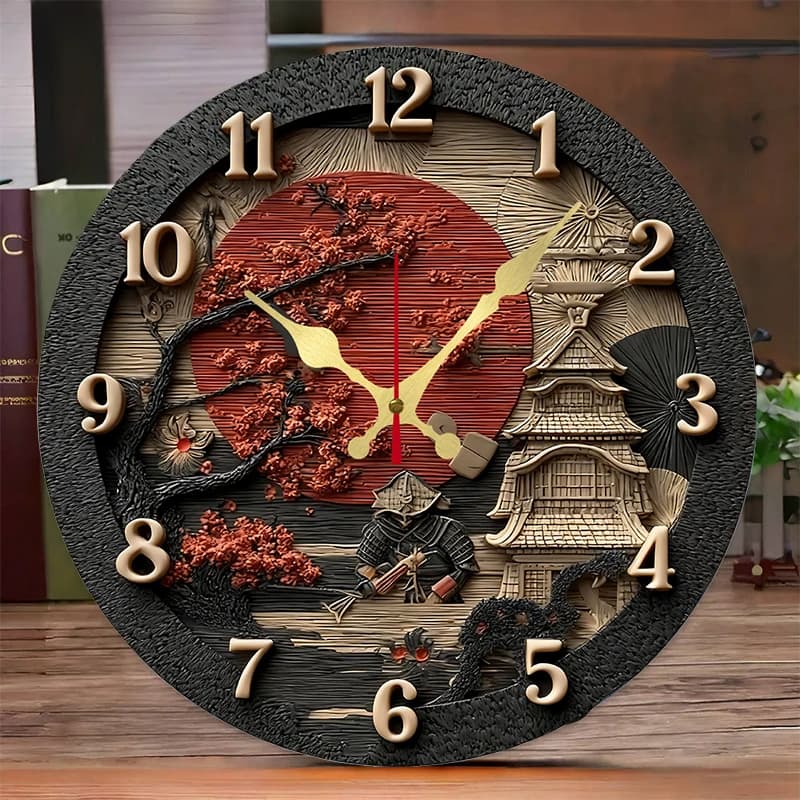 Silent wall clock in samurai theme wood, suitable for living room, office, study room, bedroom, home decoration
