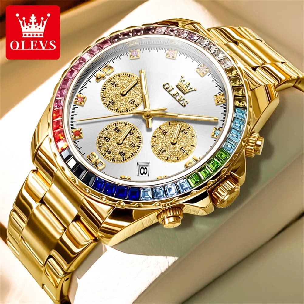 OLEVS 2939 Luxury Quartz Movement Rainbow Di Watch For Men 24-hour Display Minute Timing Single Calendar Window Luminous 30M Waterproof Watch