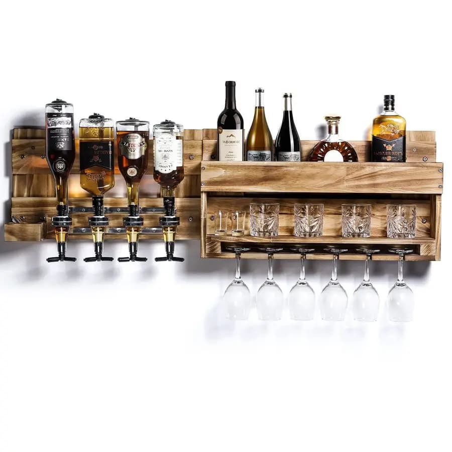 Portabottiglie da Parete in Legno, Espositore per Alcolici con Supporto per Bicchieri, Espositore Rustico per Whisky con 4 Bottiglie