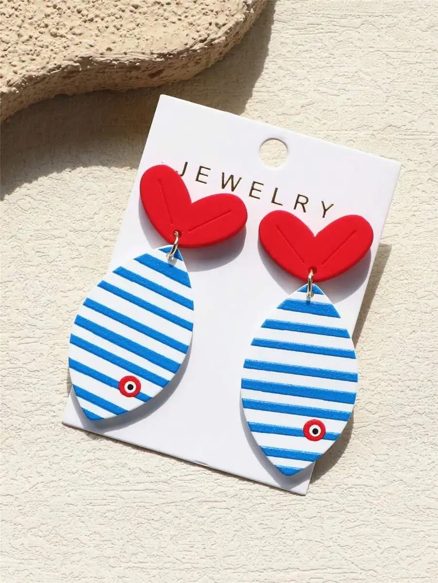 Pair Women Striped Fish Print Fuzzy Ceramic Heart Tail Cute Acrylic Earrings Blue