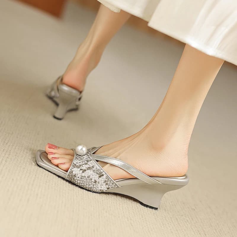 2026 new summer women sandals natural leather 22-25cm cowhide+sheepskin+satin open toe pearl mules high heel women slippers