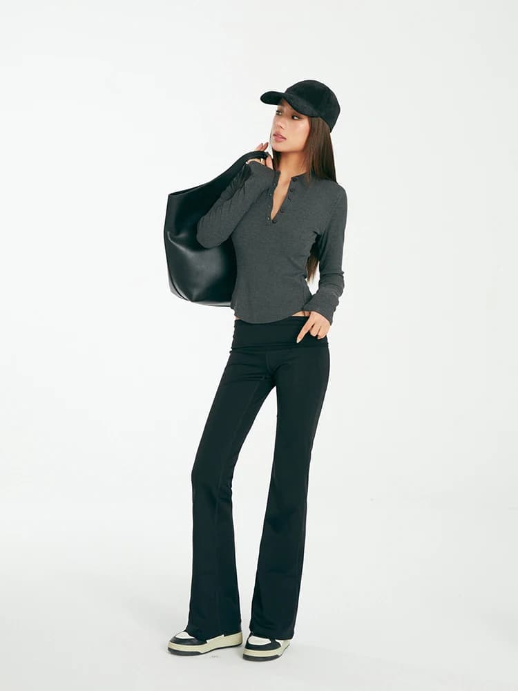 DiscoGlam Slim Fit Long Sleeve Henry Shirt 5 Button Base Top Women's Spring Autumn Outerwear T-Shirt Commute Style Korean Ver...