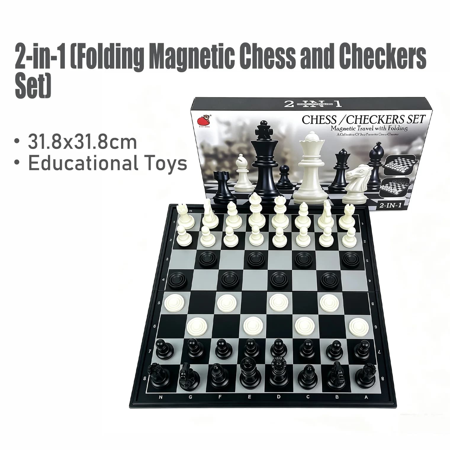 31.8x31.8cm 2 in 1 Folding Magnetic Chess Checkers Set Board Game Educational Puzzle Toy Gift for Kids Adults