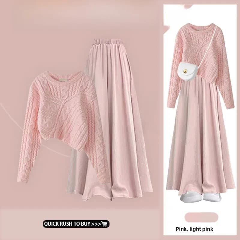 Nuovo Stile Autunnale: Set Due Pezzi con Maglione Corto Lavorato a Maglia Rosa Dopamina e Gonna a Vita Alta Modellante - Stile Piccola Fragranza