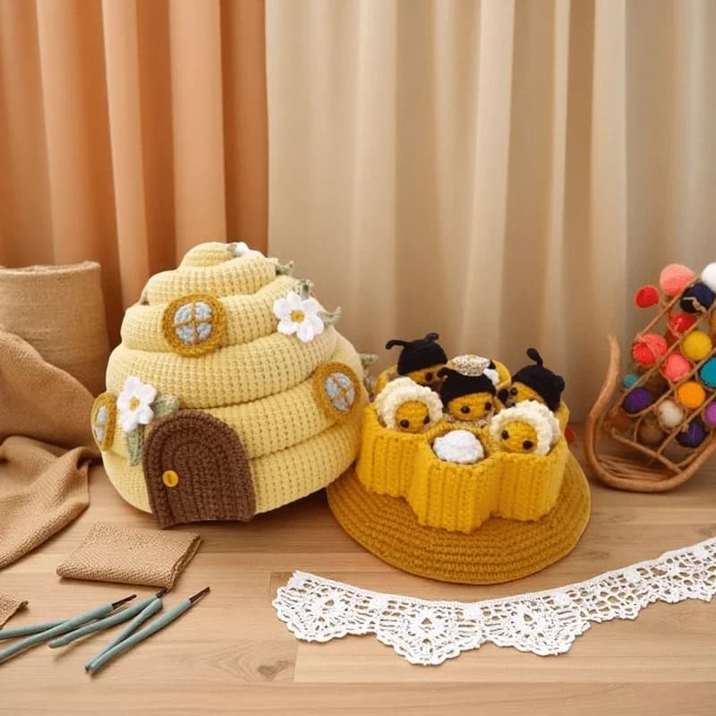 Bee Crochet Kit All-in-One Amigurumi Bee Honeycomb DIY Starter Kit with Yarn Hook Eyes Beginner Friendly Crochet PatternTutorial