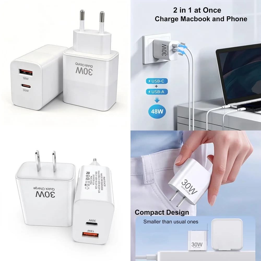 30W USB C Wall Charger Stable US EU Plug Dual Port Charging Block for iPhone 17 16 15 Pro Max Samsung Galaxy S26 S25 S24 Xiaomi