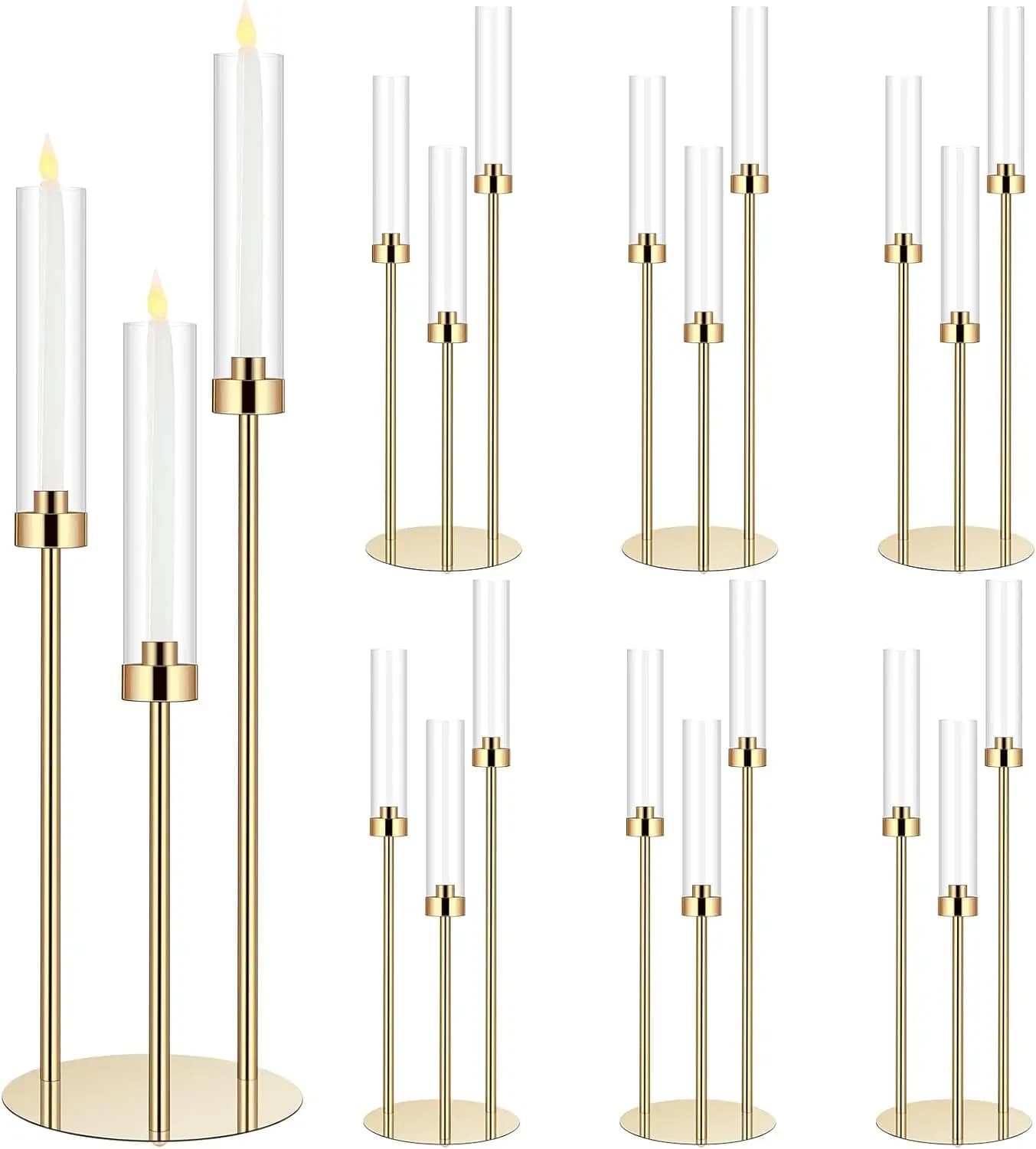 1 Set Acrylic Candle Centerpiece 30.7 Gold Candle Holders 3 Arms Conical Candle With Acrylic Candle 0,87