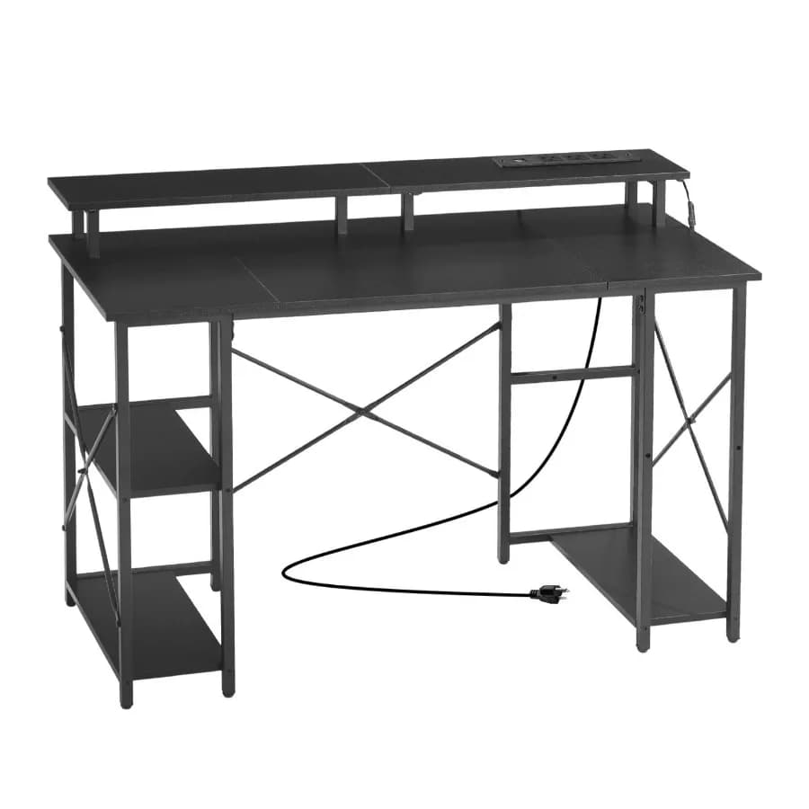 VEVOR 47" gaming desk with LED lights and sockets Computer desk with 2 level monitor and storage sheets Study work f