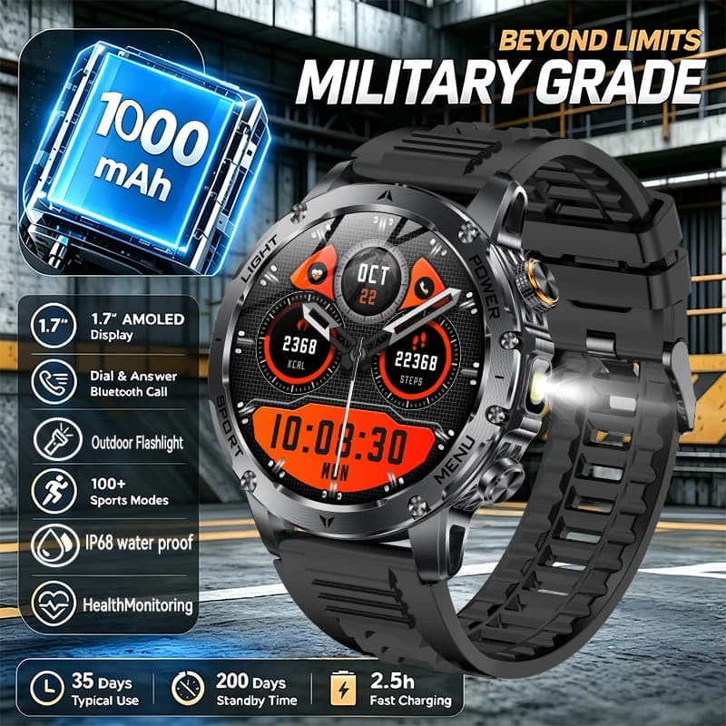 New Smartwatch Military T-Rex 3 Ultra with 1000mAh Battery, Waterproof IP68, Fitness Tracker, Flashlight, Cardiofrequencymeter, Men's Sports Watch