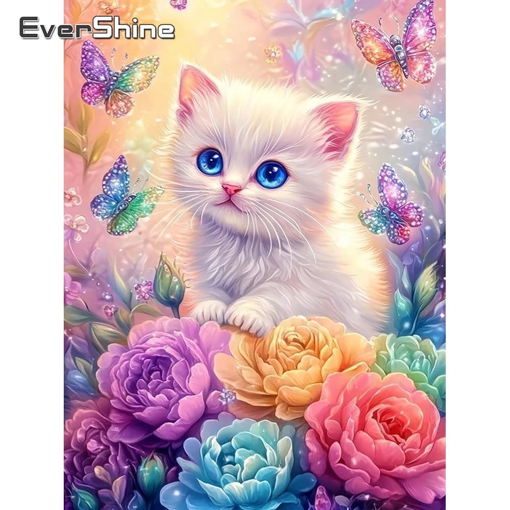 Evershine Diamond Mosaic Cat Picture Rhinestones Embroidery Animal Full Drill 5D Cross Stitch Painting Chrysanthemum Child Gift