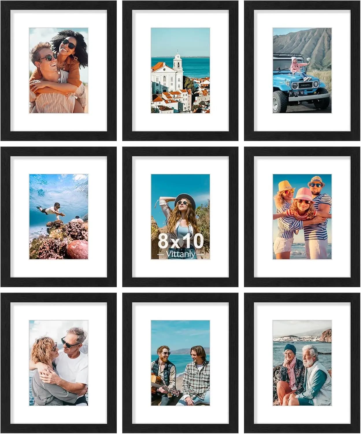 Set of 9 Frames in Plexiglass Unbreakable, for Photo 5x7 or 8x10, in Black Composite Wood for Wall or Table