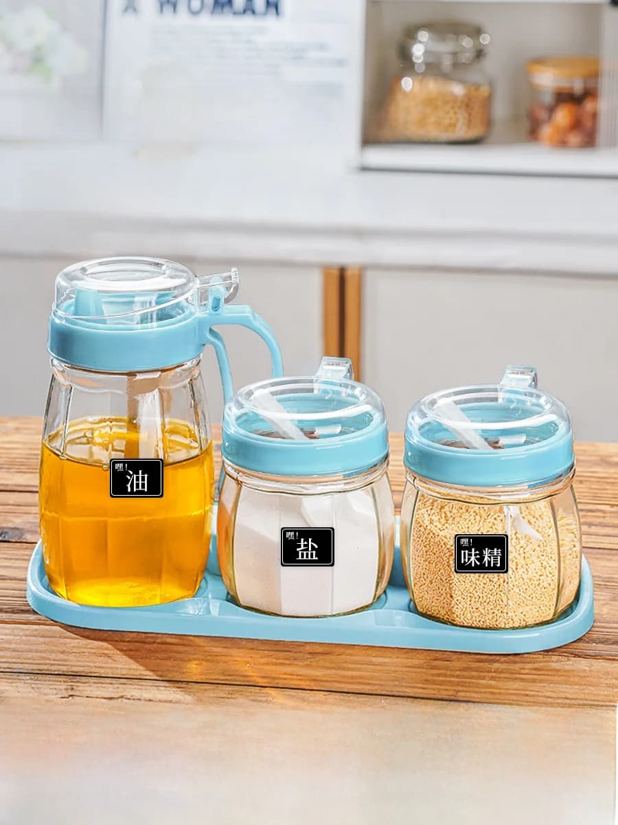 Set di condimenti da cucina in ceramica, barattolo per sale, bottiglia per condimenti, bottiglia per olio, stile cinese, per uso domestico.