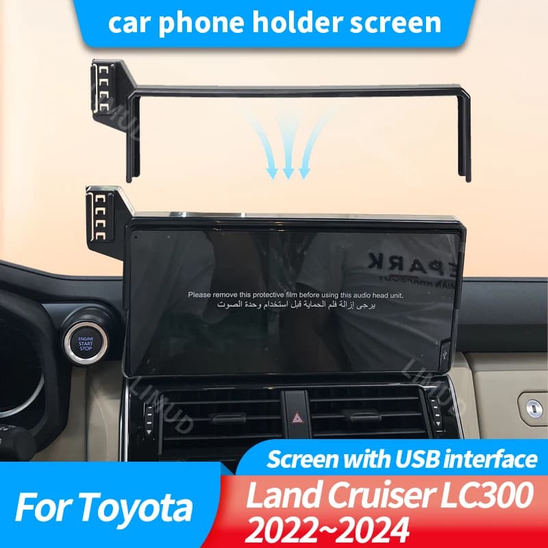 Supporto per telefono da auto per Toyota Land Cruiser LC300 2022 2023 2024 con schermo, interfaccia USB, base fissa e ricarica wireless