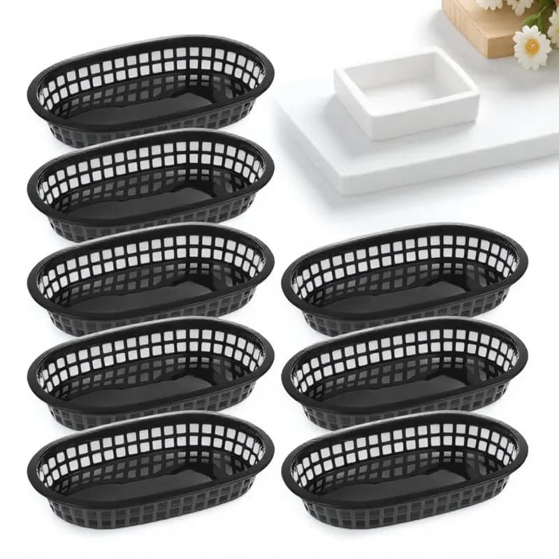 Set di 12 Cestini Ovali in Plastica per Fast Food, Contenitori per Alimenti con Design Cavo, Vassoi per Pane per Ristoranti, Cucine, Barbecue, Picnic e Feste