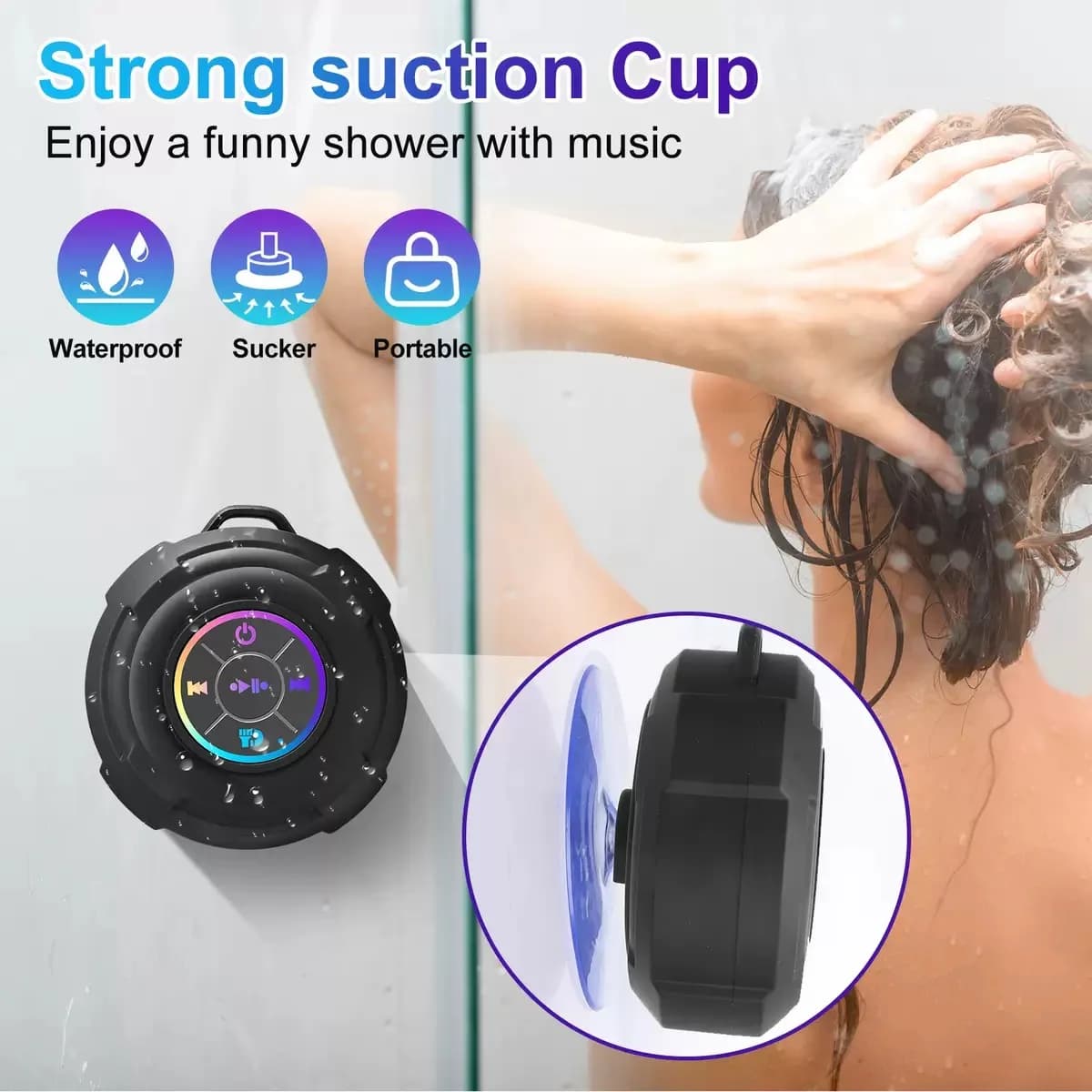 Mini Portable Bluetooth Speaker Stereo Suction Cup Shower Waterproof LED Lights With Lanyard For Outdoor Camping Beach Pool