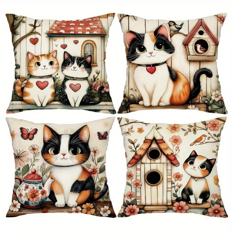 4pcs Short Plush Decorative Pillow Covers - Cute Cat & Bird Illustrations with Floral & Heart Motifs, 17.7x17.7 Inch Soft Polyes