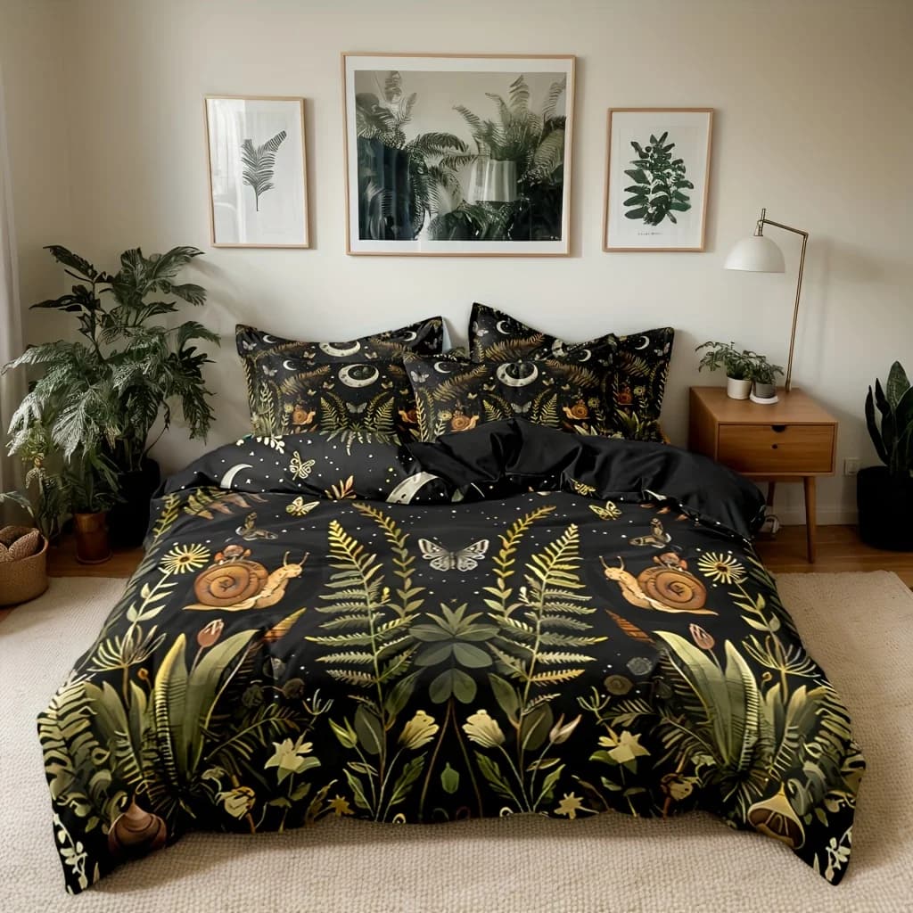 Set di 3 lenzuola in poliestere Enchanted Forest - Include 1 copripiumino e 2 federe, morbide e ariose, con motivi floreali tropicali
