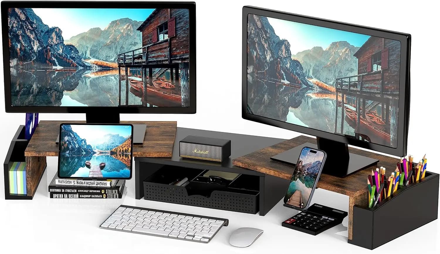 Dual Monitor Stand Riser Adjustable Length & Angle Monitor Riser with Storage Drawer Phone Tablet Holder, Desktop Desk Organizer for Dual Screens Home Office Workspace