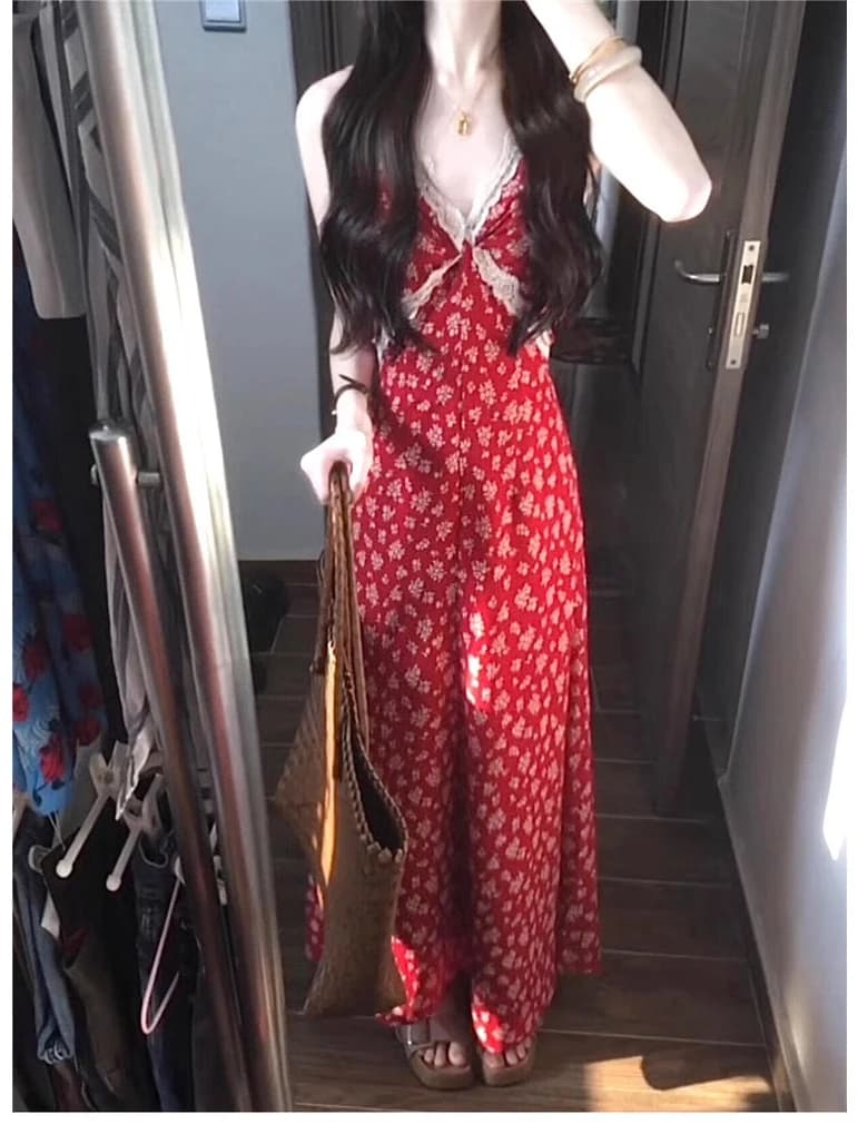 Red Floral V-Neck Halter Dress Women's Summer Beautiful Lace Waist-Cinching Skirt Beach Vacation Long Dress French Style A-Li...