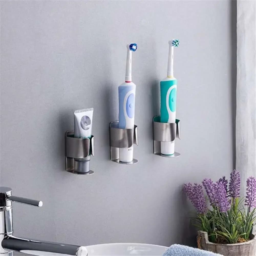 Brushed Double Face Stainless Steel Wall Spools, Toothpaste Support and Electric Toothbrush