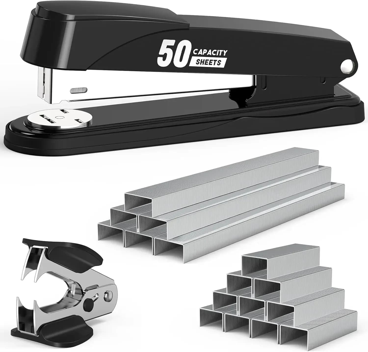 Cucitrice in metallo resistente con capacità di 50 fogli, dispositivo per rimuovere graffette e 1750 graffette, antiscivolo per ufficio