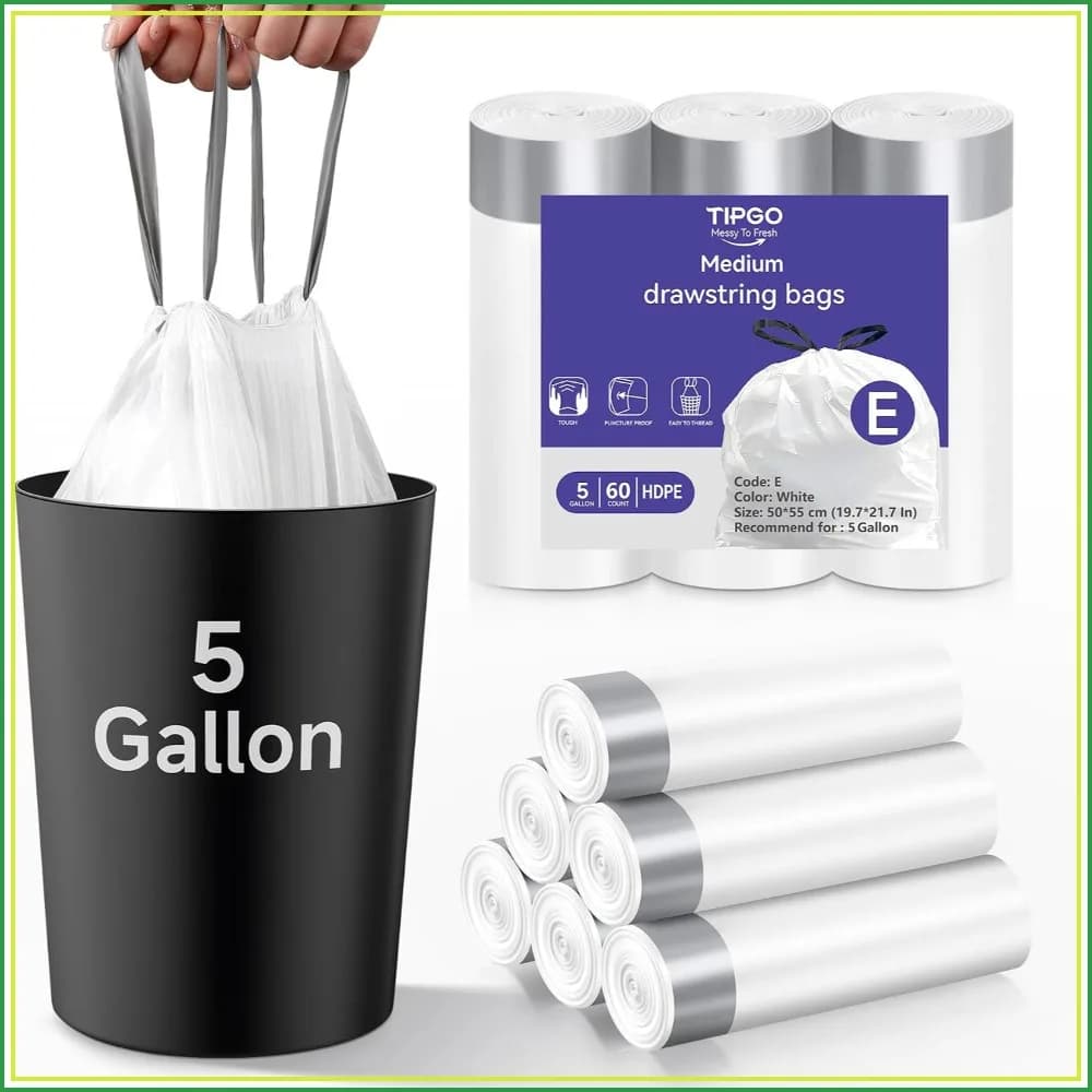 5 Gallon Trash Bags with Drawstring, Pre-Cut Strong Wastebasket Liners, White Garbage Bags for Home Office Bathroom, 60 Count