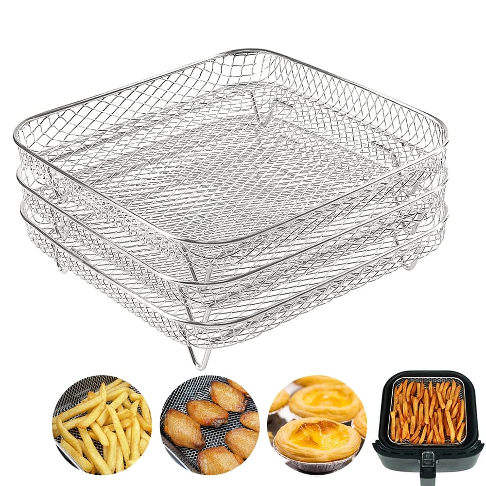 Rastrelliere per friggitrice ad aria a 3 strati Vassoio per cestello per friggitrice ad aria quadrato in acciaio inossidabile Rastrelliere per disidratatore impilabili Accessori per friggitrice ad aria adatti alla cucina