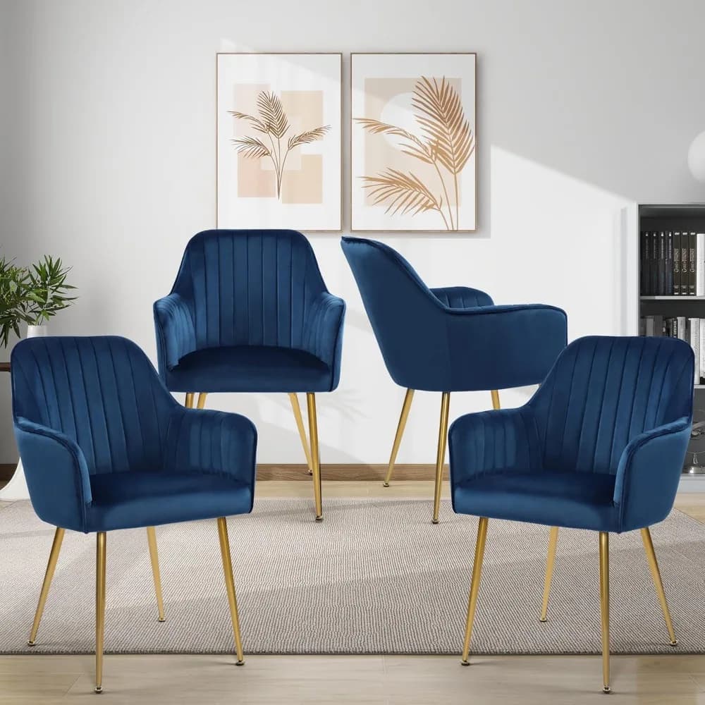 Set di 4 Sedie da Pranzo in Velluto, Poltroncine Moderne Imbottite per Soggiorno, Poltrona con Gambe Placcate in Oro, Blu, Personalizzabile