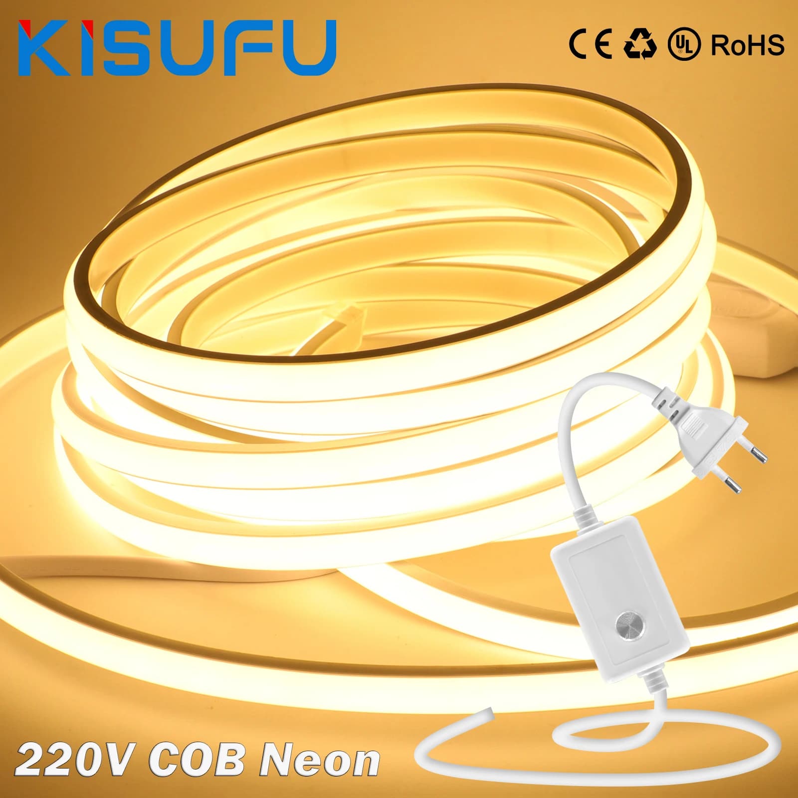Striscia LED al neon COB 220V impermeabile con dimmer/spina interruttore 288 LED/M Nastro al neon flessibile ad alta densità Illuminazione lineare 1-50M